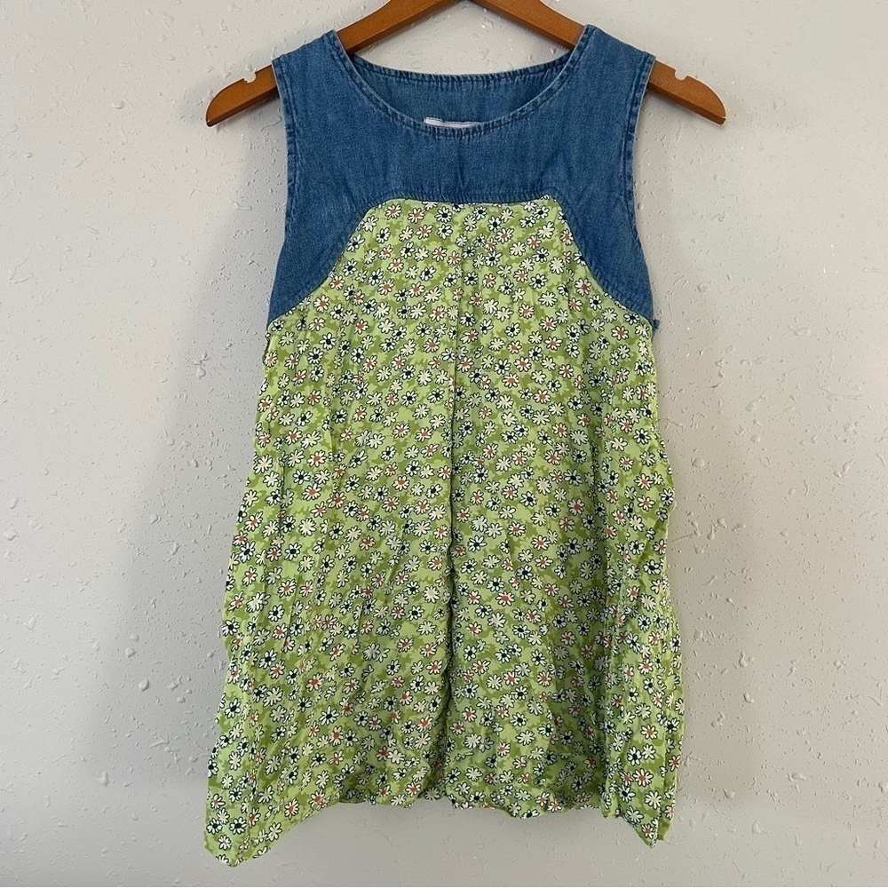 Tomorrow’s Mother Sport Blue Green Denim Floral Vintage Sleeveless Blouse Small